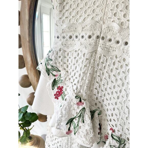$750 PatBo Size Medium White Eyelet Floral Embroidery Asymmetrical Ruffle Midi - Picture 8 of 8